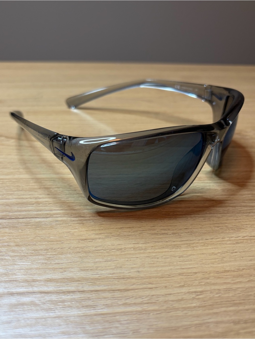 Nike Adrenaline Sunglasses Grey Clear Translucent Frame Blue Swoosh EV1134